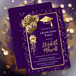 Invitation Elegant Purple Gold Balloons Graduation Party