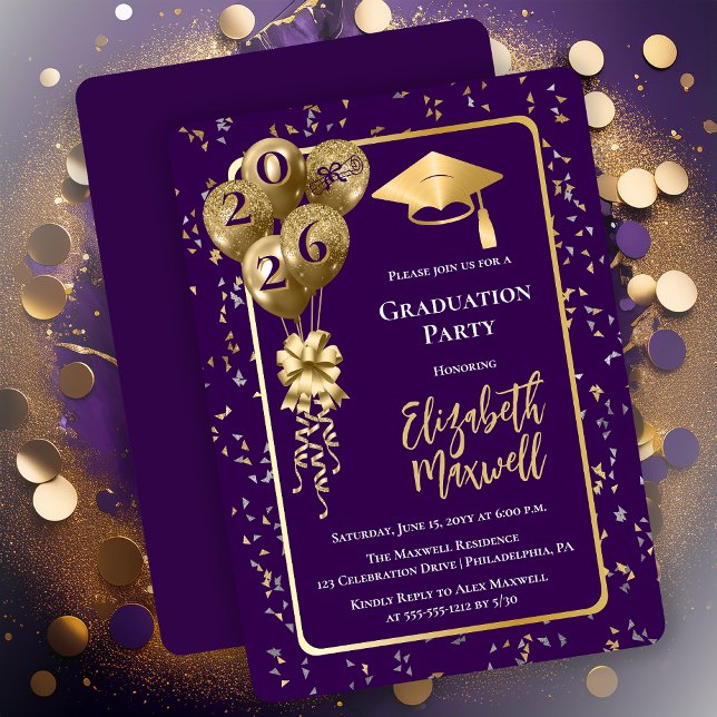 Invitation Elegant Purple Gold Balloons Graduation Party (Elegant Purple and Gold Tone Graduation Party Invitation Balloons and Confetti - Print | Digital)
