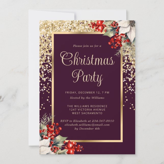 Invitation Elegant Purple Gold Botanical Christmas Party (Devant)
