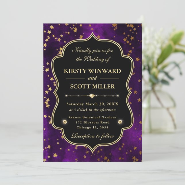 Invitation Elegant Purple  & Gold Celestial Starry Wedding (Debout devant)