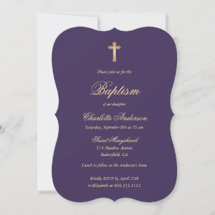 Invitation Élégant Purple Gold Cross Script Girl Baptême