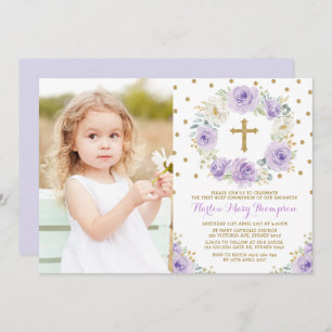 Invitation Élégant Purple Gold Floral First Communal Baptism