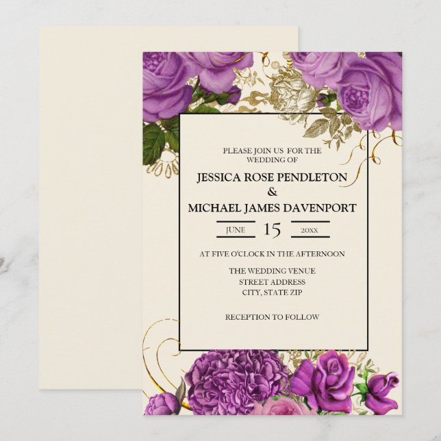Invitation Elégant Purple Gold Floral Ivory Wedding Invitatio (Devant / Derrière)