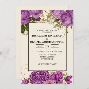 Invitation Elégant Purple Gold Floral Ivory Wedding Invitatio