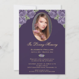 Invitation Elégant Purple Gold Floral Photo Memorial Service