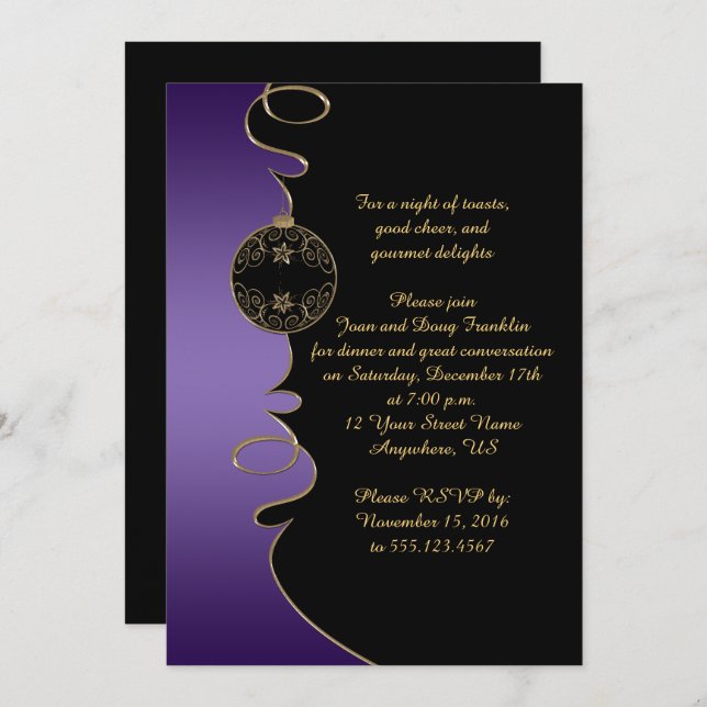 Invitation Élégant Purple Gold Frotles Noir Noël (Devant / Derrière)