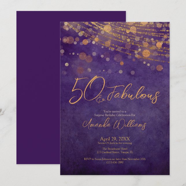 Invitation Elégant Purple Gold Glam 50 et fabuleux anniversai (Devant / Derrière)