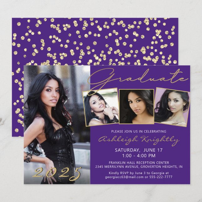 Invitation Élégant Purple Gold Script 4 Photo Gradué (Devant / Derrière)