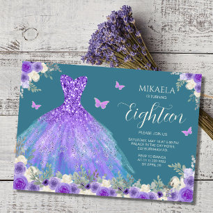 Invitation Elégant Purple Gown Floral 18e anniversaire