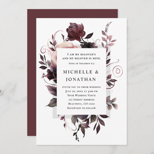 Invitation Élégant Purple Grey Floral Bible Mariage chrétien (Devant / Derrière)