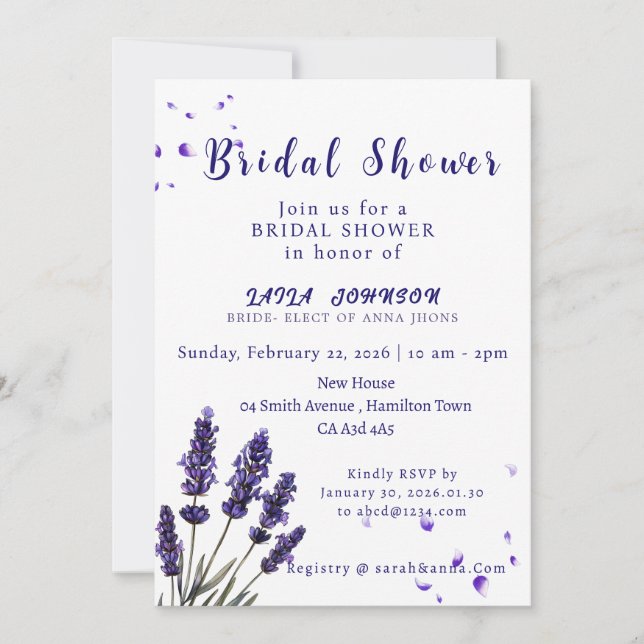 Invitation Elegant Purple Lavender Floral Bridal Shower (Devant)