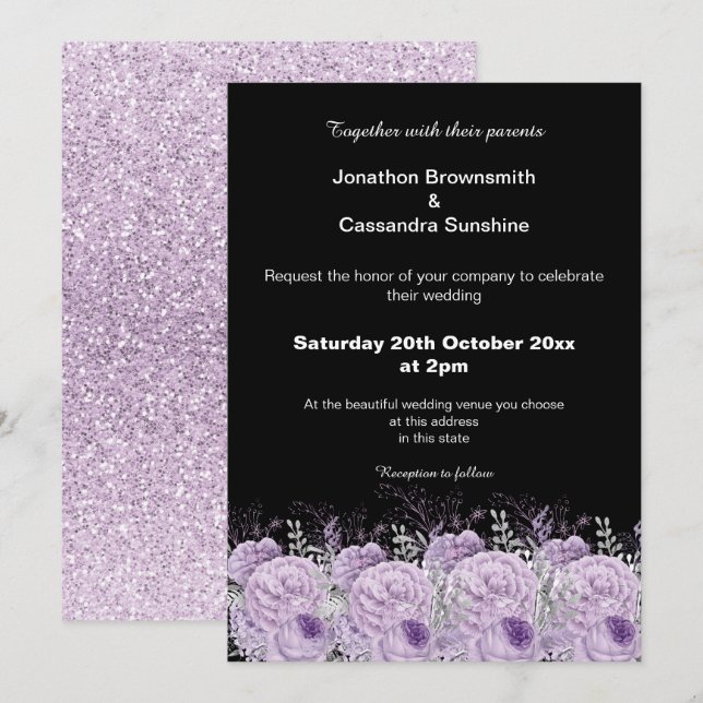 INVITATION ÉLÉGANT PURPLE NOIR MARIAGE PARTIES SCINTILLANT FL (Devant / Derrière)