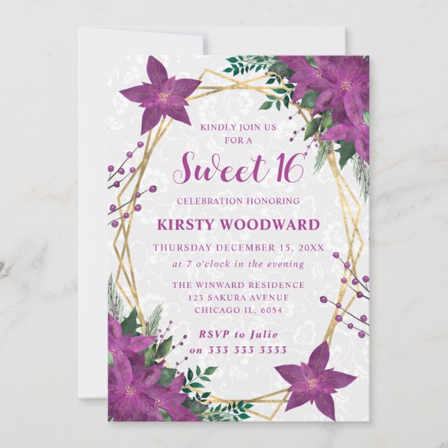Invitation Elegant Purple Poinsettia Winter Sweet 16 (Devant)