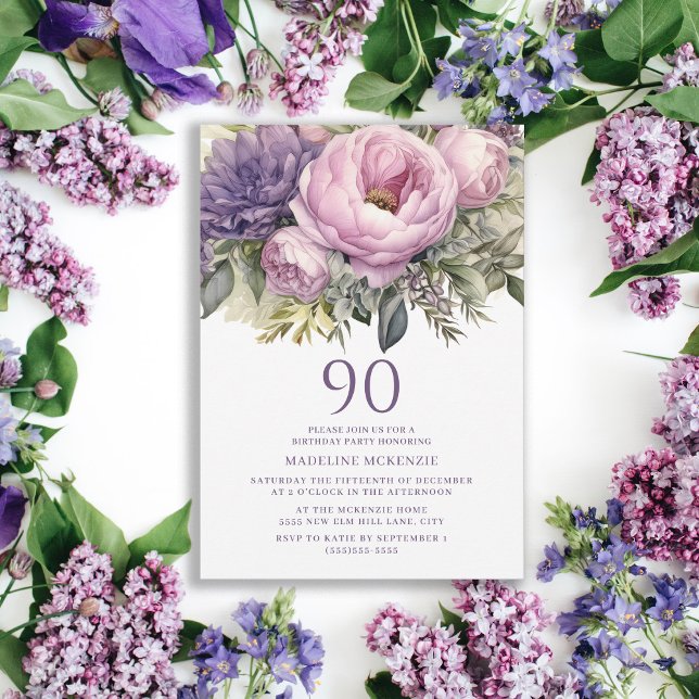 Invitation Élégant Purple Rose Floral 90e anniversaire (Purple floral 90th birthday party invitation)