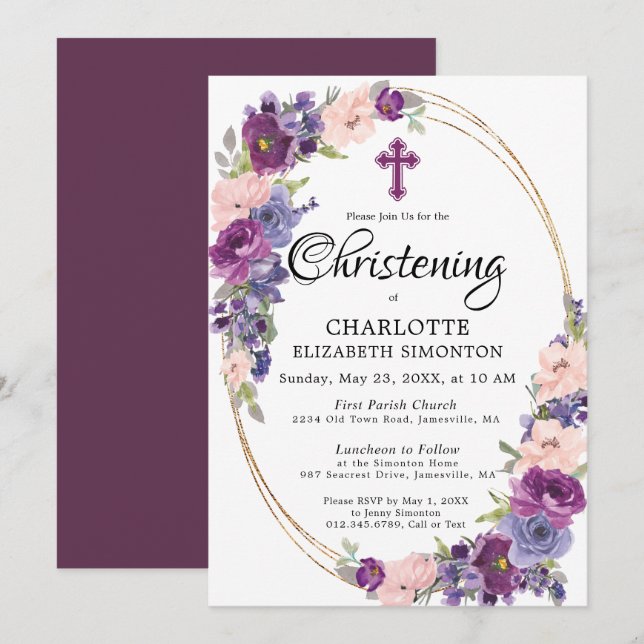 Invitation Elégant Purple Rose Floral Gold Frame Christening (Devant / Derrière)