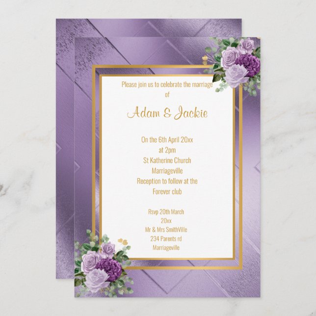 INVITATION ÉLÉGANT PURPLE ROSE MÉTALLIQUE EUCALYPTUS MARIAGE (Devant / Derrière)
