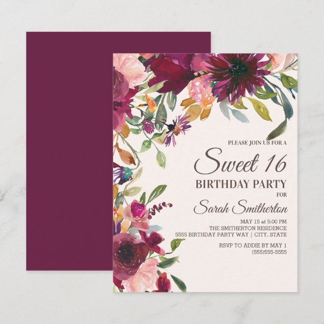 Invitation Élégant Purple Rose Or Floral Script Sweet 16 (Devant / Derrière)