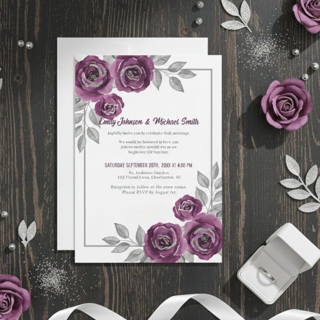 Invitation Elegant Purple Roses and Silver Glitter Wedding  (Créateur téléchargé)