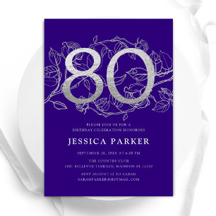 Invitation Elégant Purple Silver 80e anniversaire