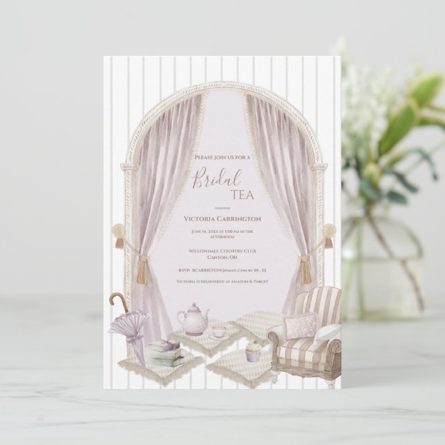 Invitation Elegant Purple Stripe Bridal Tea Shower   (Debout devant)