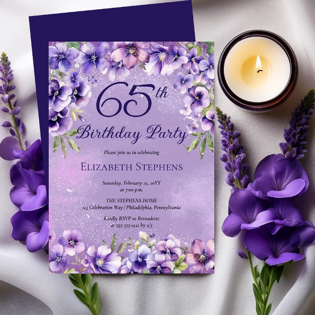 Invitation Elegant Purple Violets Floral 65th Birthday Party  (Elegant Purple Violets Floral 65th Birthday Party Invitation)