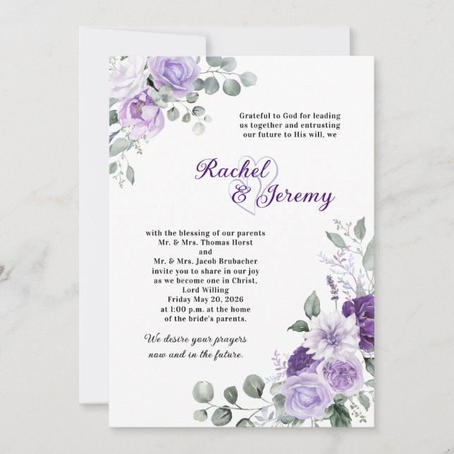 Invitation Elegant Purple Watercolor Floral Wedding (Devant)