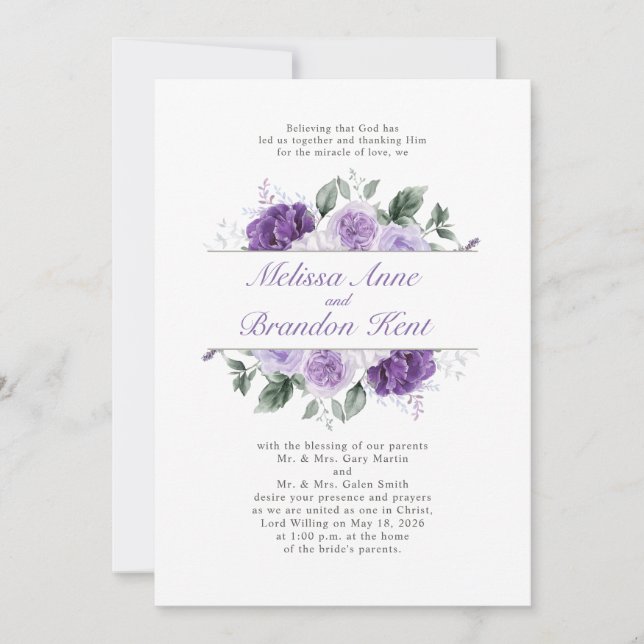 Invitation Elegant Purple Watercolor Floral Wedding (Devant)