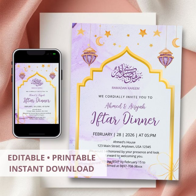Invitation Elegant Purple Watercolor Gold Arch Iftar Party (Créateur téléchargé)
