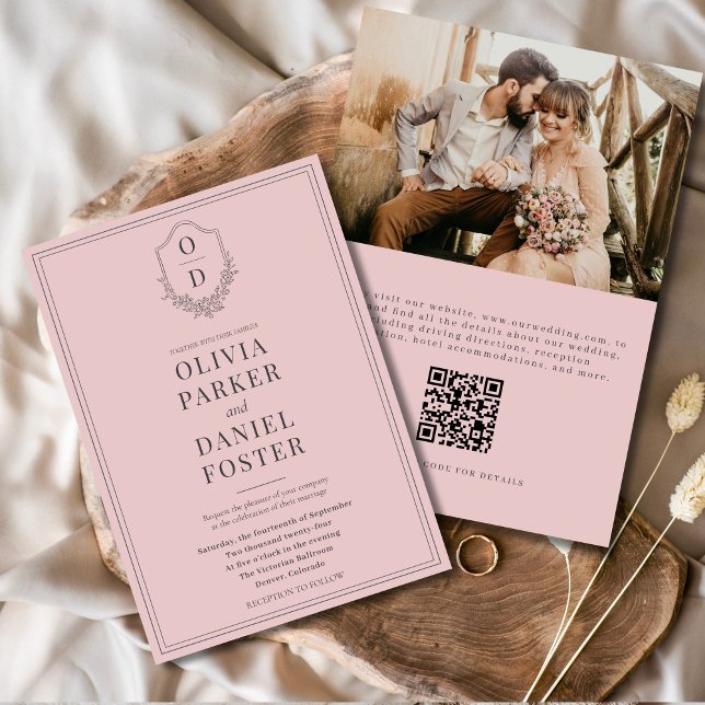 Invitation Élégant QR Code Crest Blush Pink Photo Mariage (Créateur téléchargé)