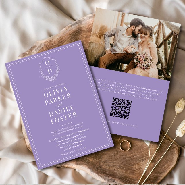 Invitation Élégant QR Code Crest Lilac Purple Photo Mariage (Créateur téléchargé)