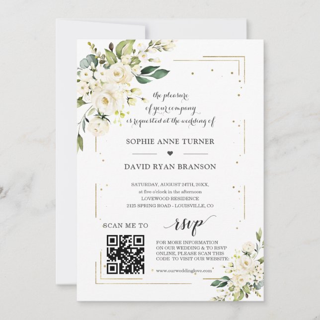 Invitation Elégant QR Code Fleurs blanches Mariage or (Devant)
