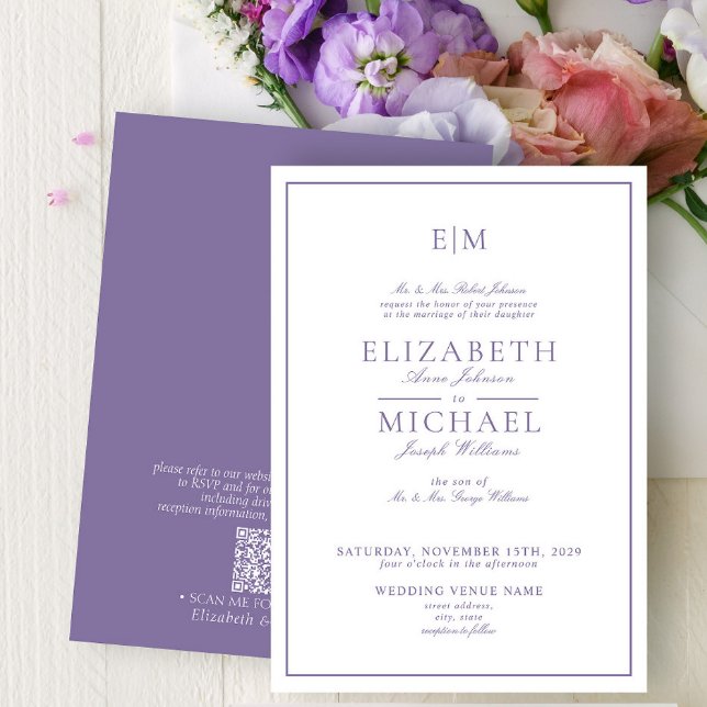 Invitation Élégant QR Code Lavender Classic Monogram Mariage (Créateur téléchargé)