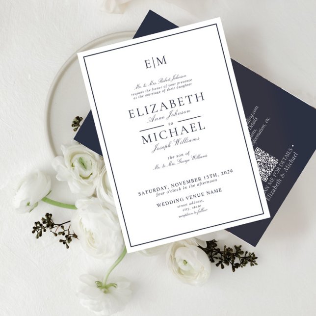 Invitation Elégant QR Code Marine Bleu Classic Monogramme Mar (Créateur téléchargé)