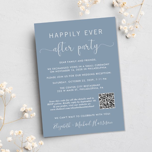 Invitation Elégant QR Code Photo Dusty Blue Wedding Réception (Our user-friendly template will generate your QR code automatically from your website address)