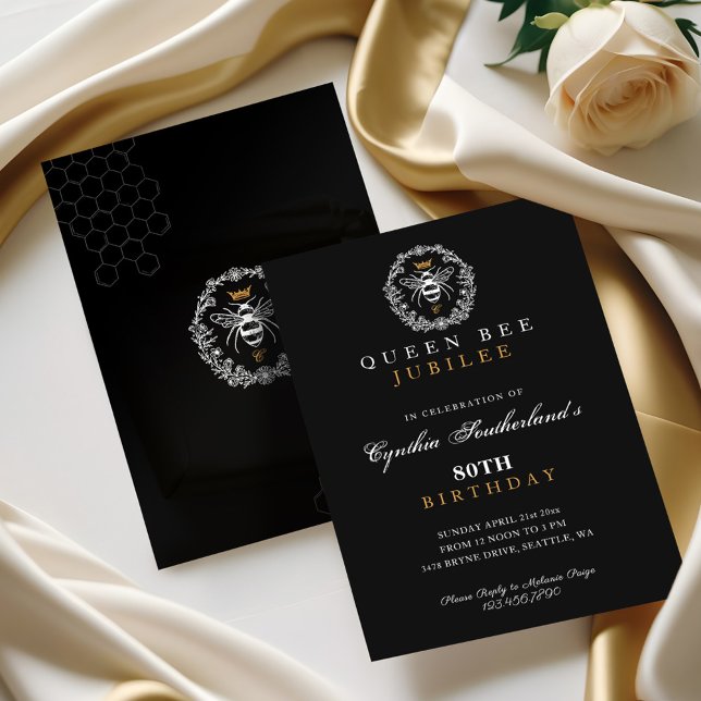 Invitation Elégant Queen Bee Jubilee Black & Gold Anniversair (Elegant Queen Bee Jubilee Black & Gold Birthday Invitation)