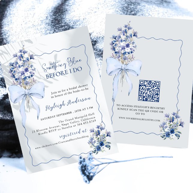 Invitation Élégant quelque chose bleu Floral QR Code Bridal S (Créateur téléchargé)