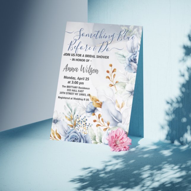 Invitation élégant Quelque Chose De Bleu Avant De Faire Une F (Something Blue Before I do bridal shower elegant watercolor flowers bride to be elegant calligraphy )