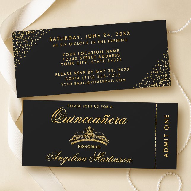 Invitation Élégant Quincanera Gold et Black Ticket (Customize to change text style or text size.)