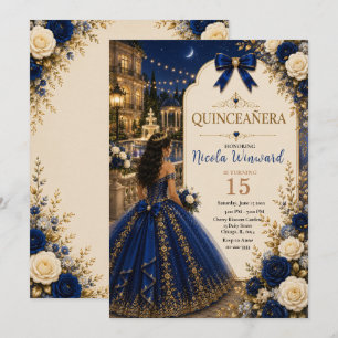 Invitation Élégant Quince Bleu Royal et Or
