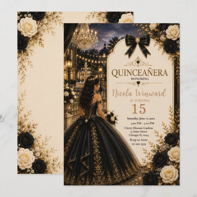 Invitation Élégant Quince Noir et Or (Devant / Derrière)