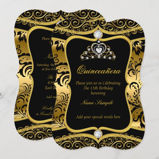 Invitation Elégant Quinceanera Gold Black Damask Tiara Invita (Devant / Derrière)