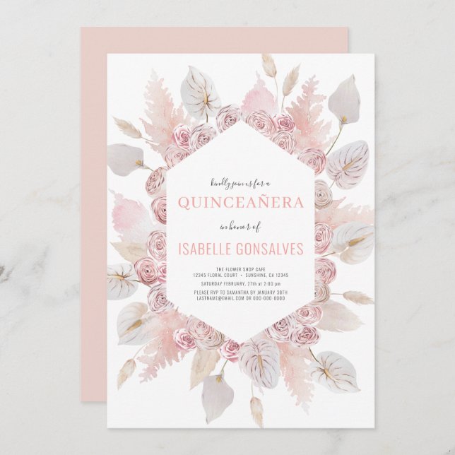 Invitation Elégant QUINCEAÑERA Moderne Boho Aquarelle Blush (Devant / Derrière)