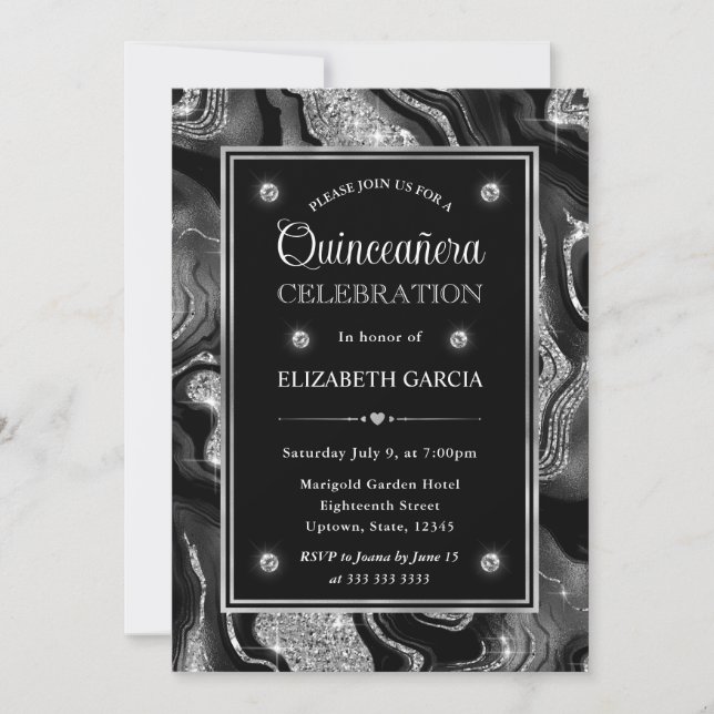 Invitation Elégant Quinceanera Pailleté Noir et Argent Agate (Devant)
