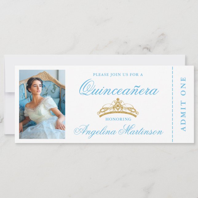Invitation Elégant Quinceanera Photo Billet Or Bleu (Devant)