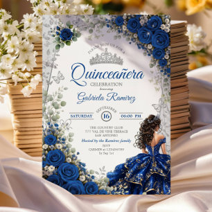 Invitation Élégant Quinceañera Roses Bleu Royal et Argent