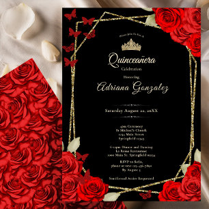 Invitation Elégant Quinceanera Roses Noires, Or et Rouges