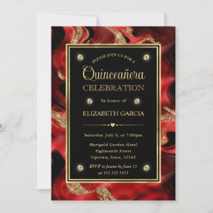 Invitation Élégant Quinceanera rouge fondu et paillettes doré