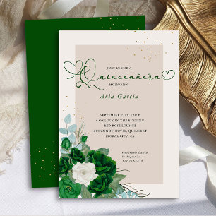 Invitation Élégant Quinceanera vert émeraude et roses ivoire