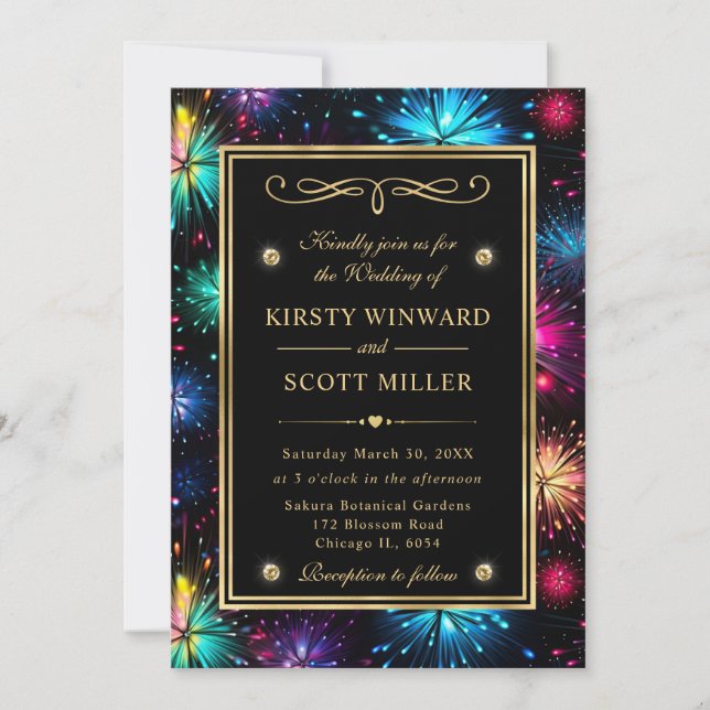Invitation Elégant Rainbow Fireworks Gold Frame Mariage (Devant)