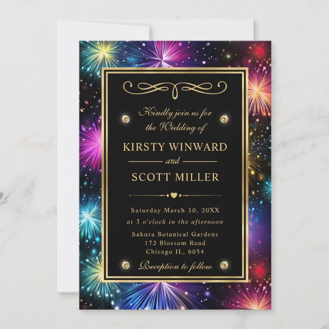 Invitation Elégant Rainbow Fireworks Gold Frame Mariage (Devant)